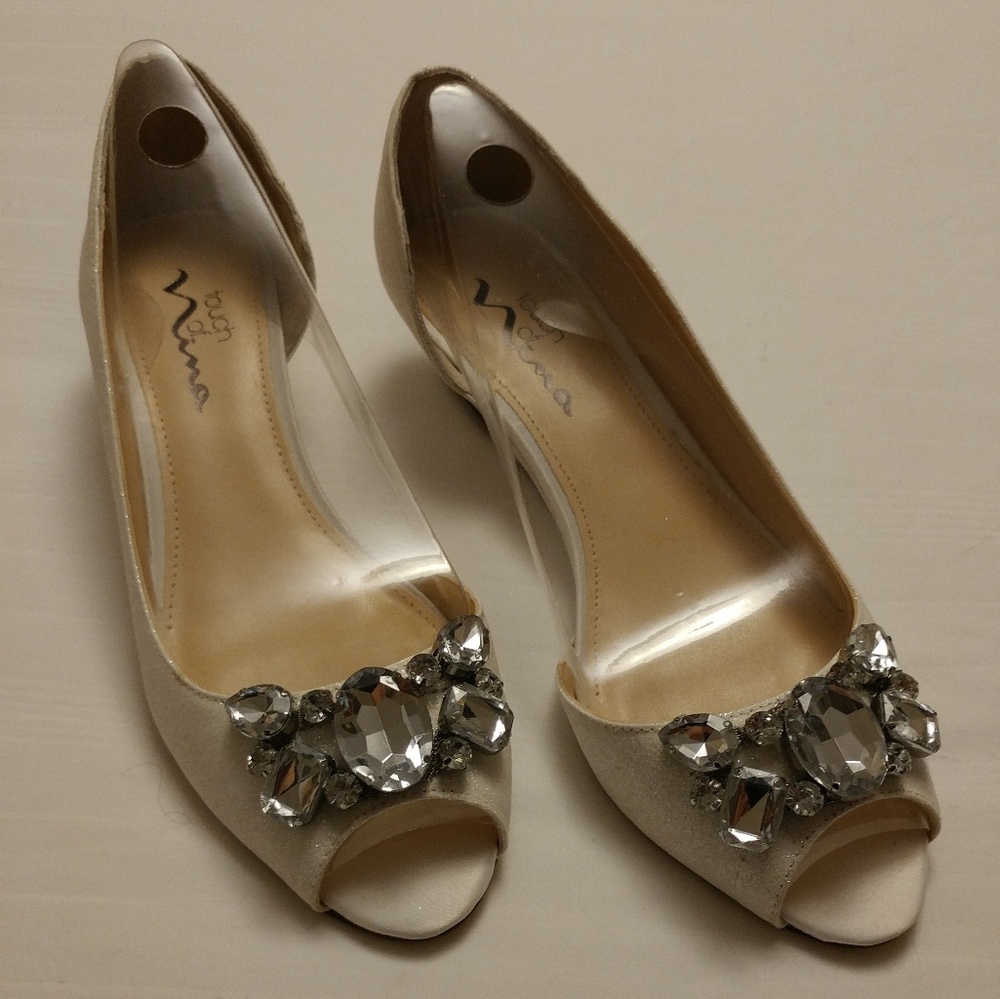 Nima white sparkle wedges